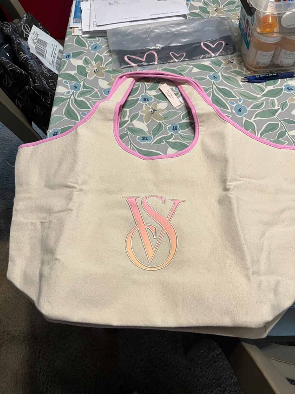 Victoria's Secret Cream Canvas Tote with Pink Trim